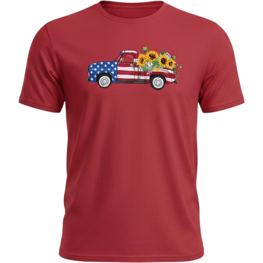 Women's Sunflowers Antique Truck Flag Shirt Coral Size XL Patriotic USA